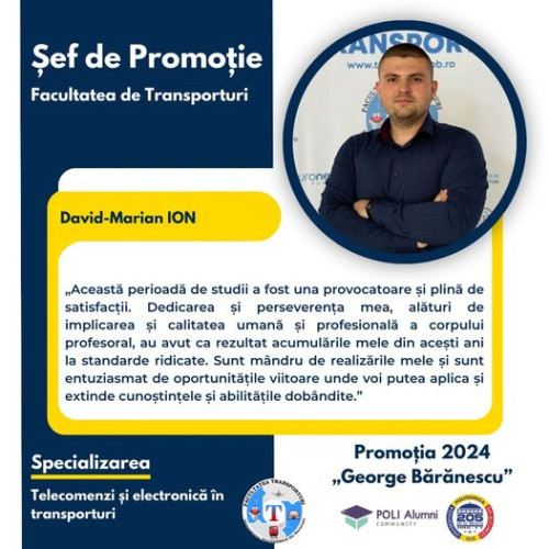 Giurgiuveanul David-Marian Ion, șeful de promoție al Facultății de Transporturi